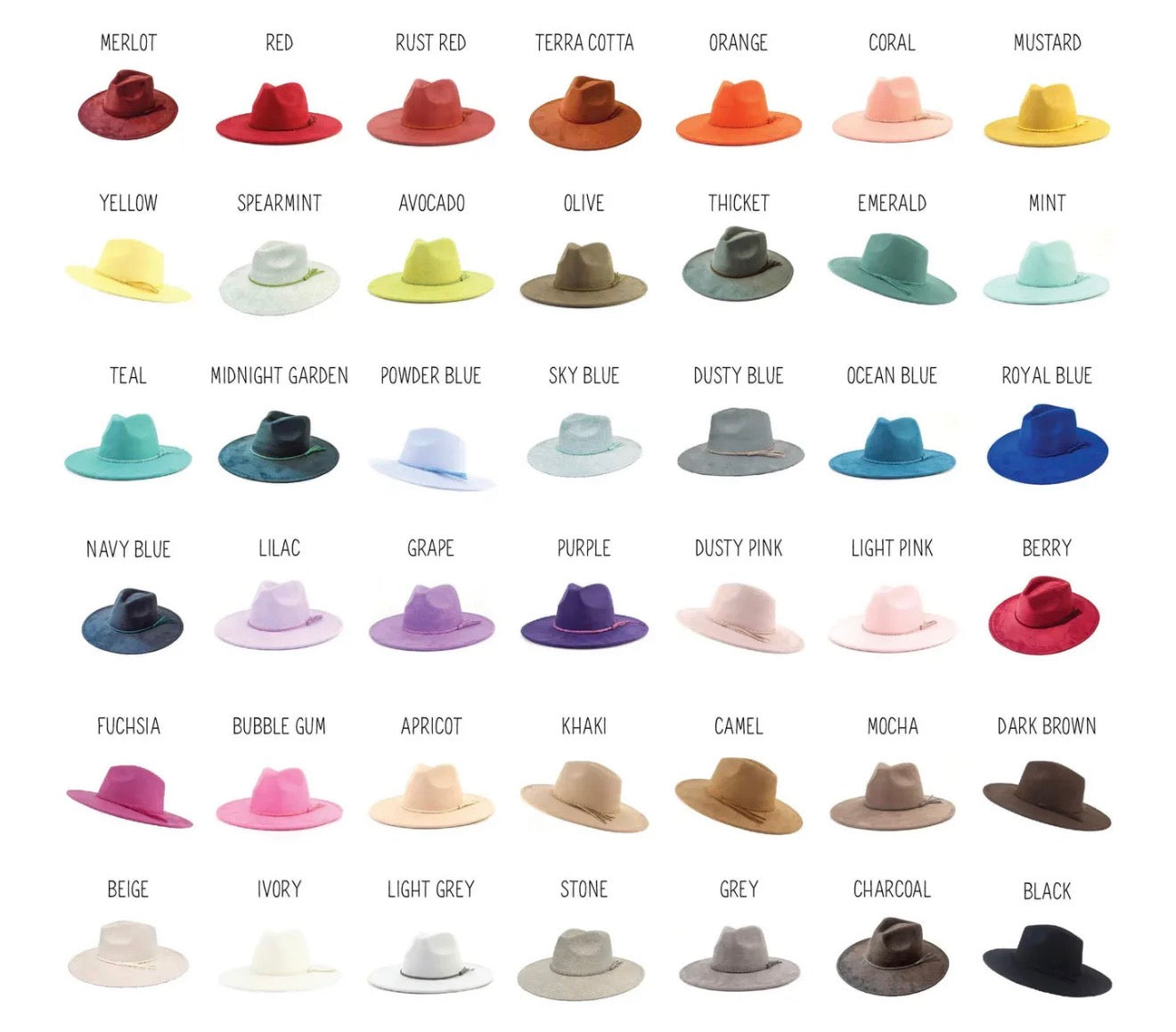 Color chart with various hat colors on a white background