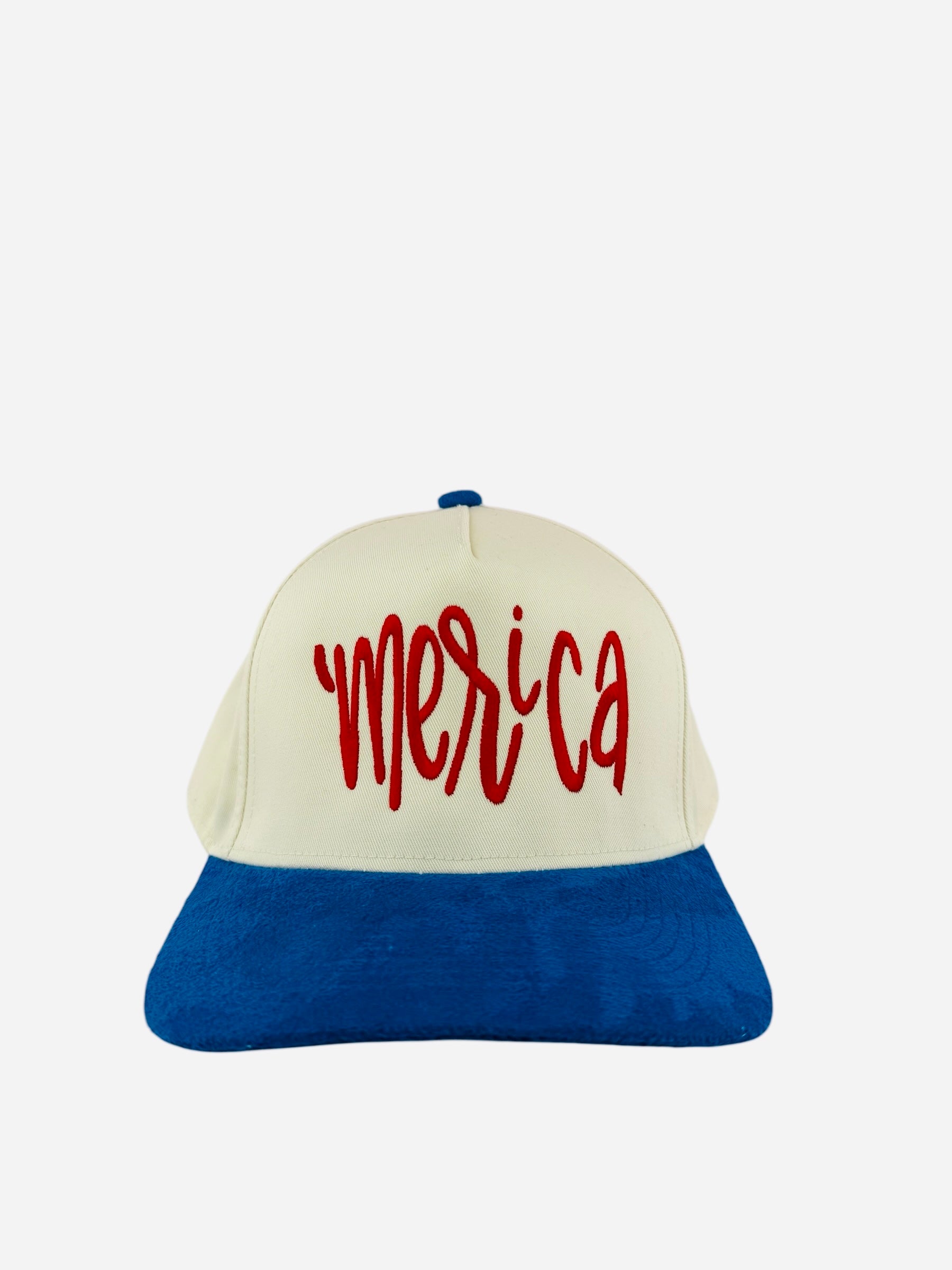 Cap with 'merica' text on a white background