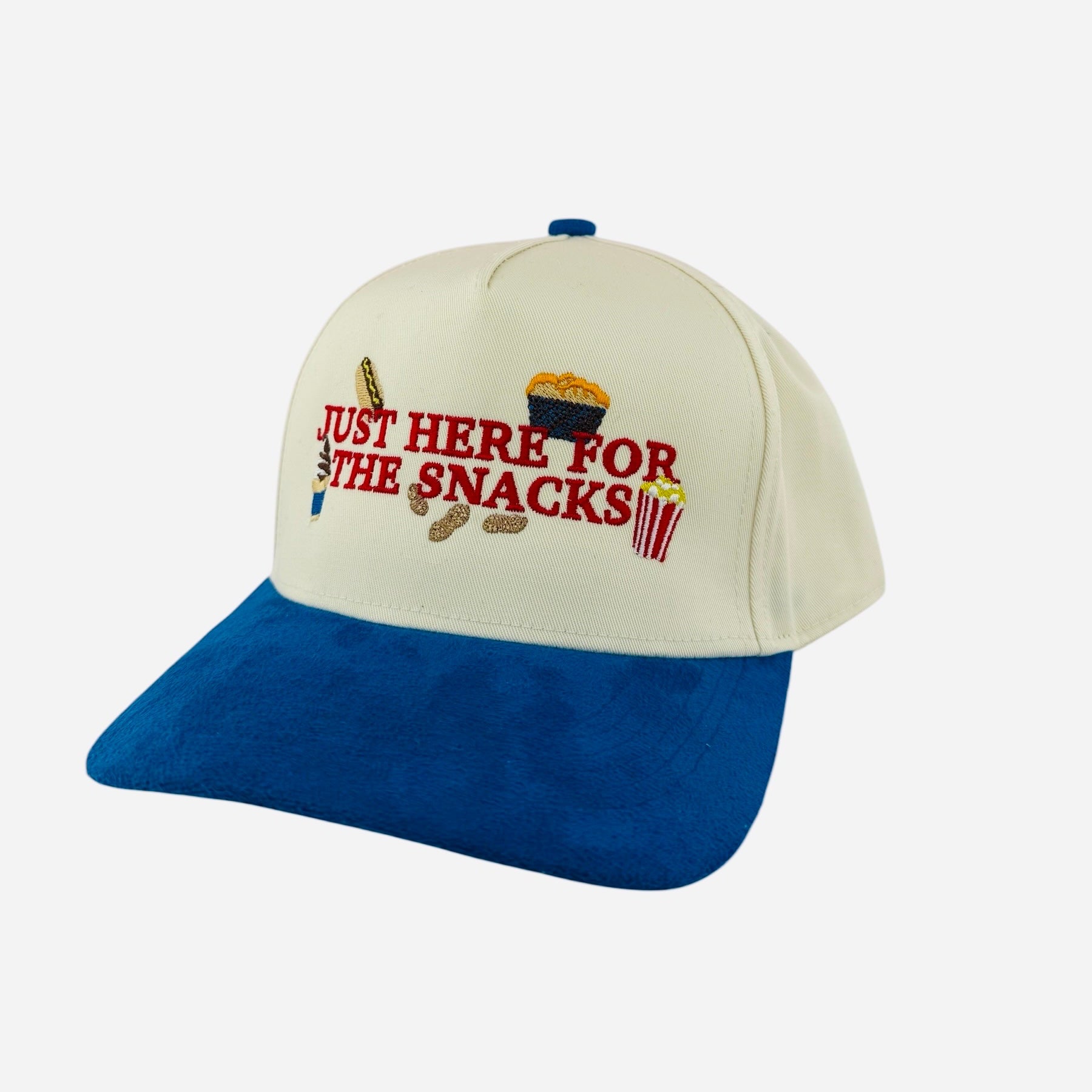 Cap with 'Just Here for the Snacks' text and graphics on a white background