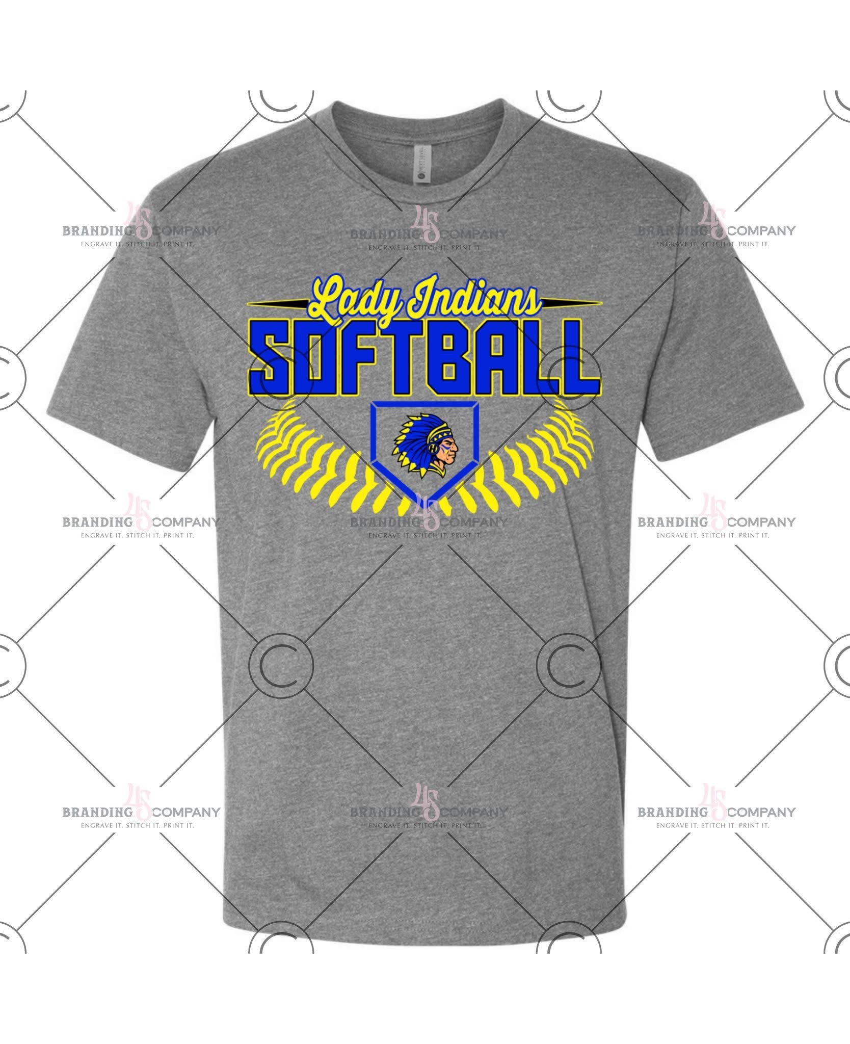 Gray t-shirt with 'Lady Indians Softball' design on a white background
