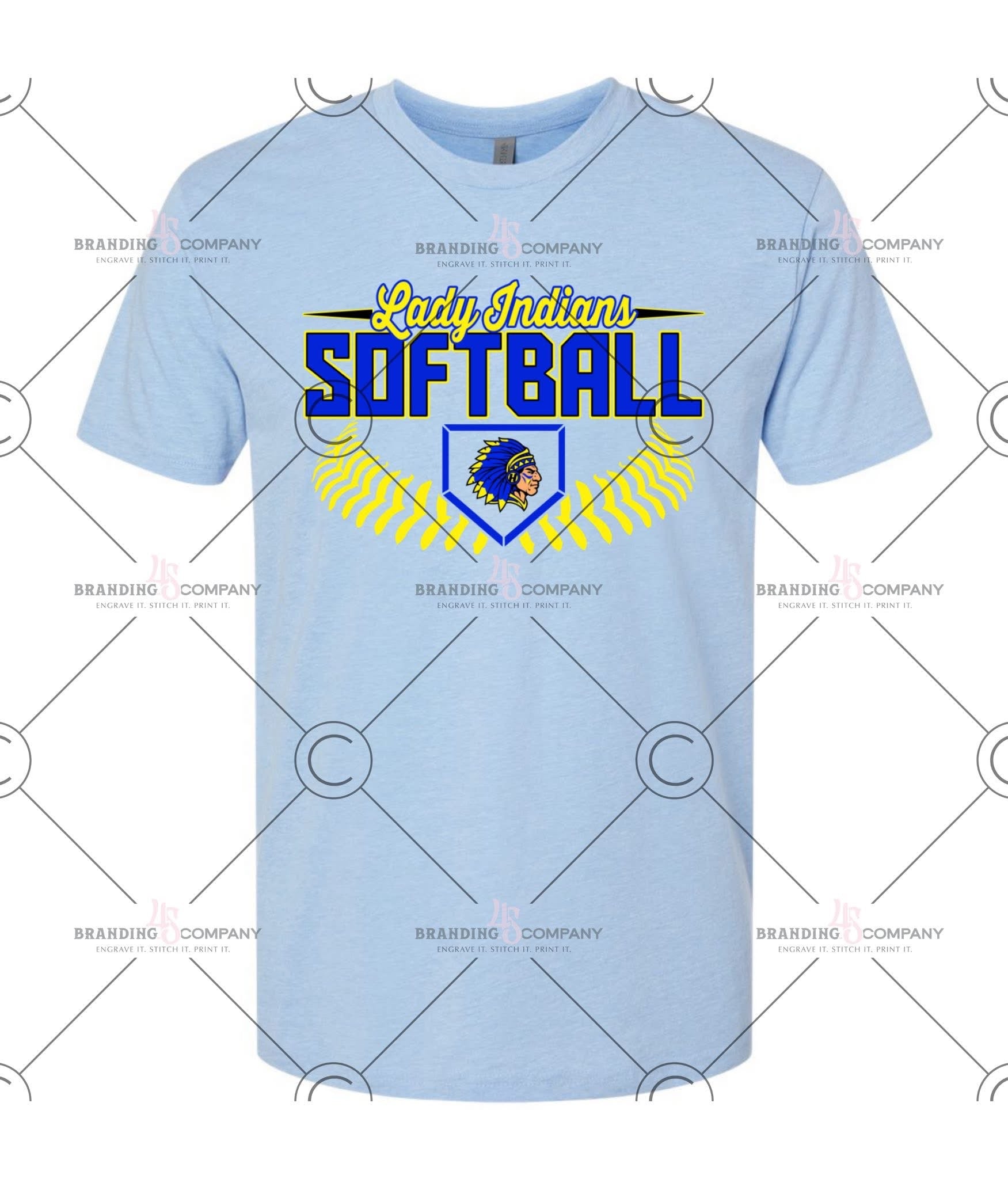 Light blue t-shirt with 'Lady Indians Softball' text and logo on a white background