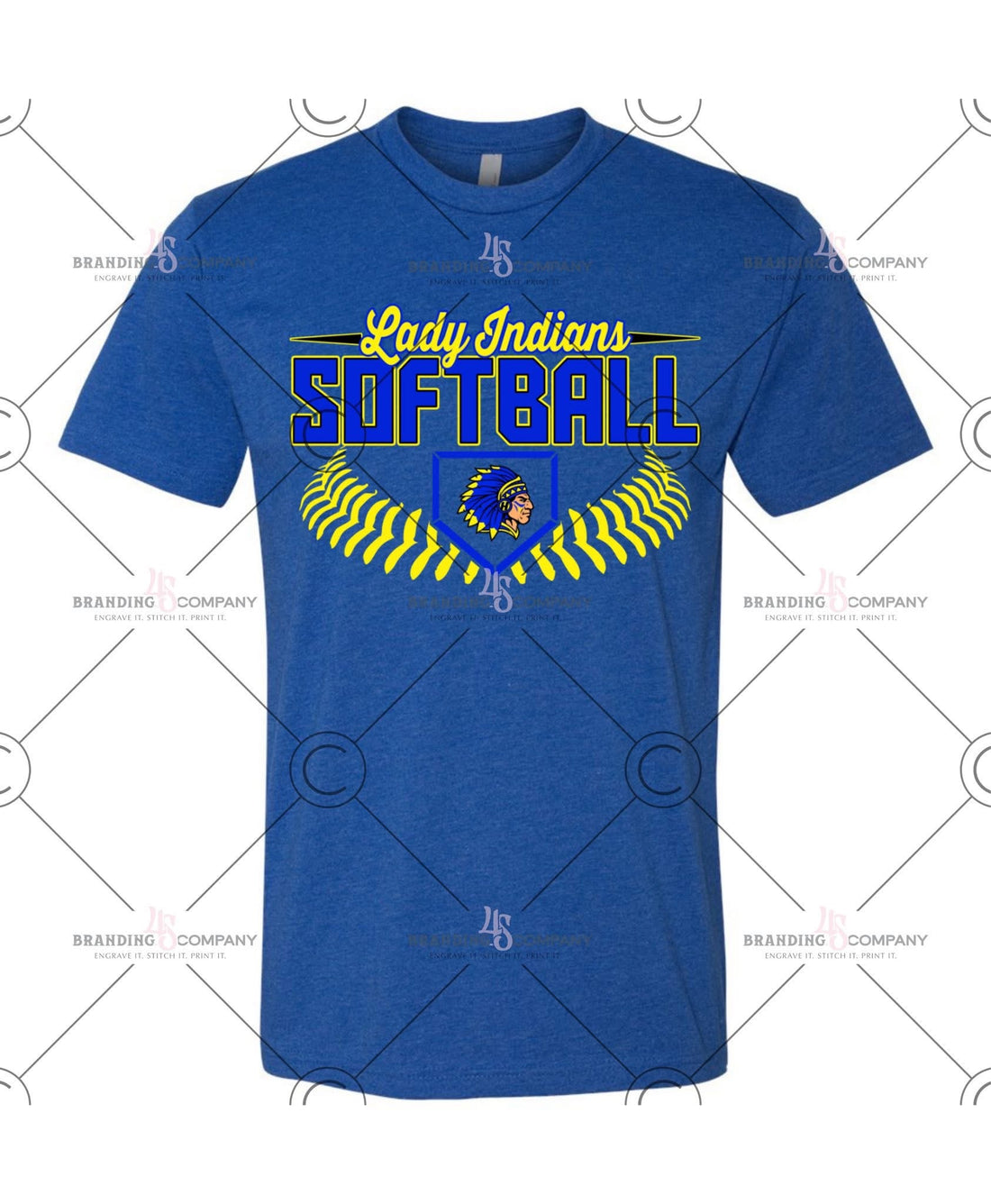 Blue t-shirt with 'Lady Indians Softball' design on a white background