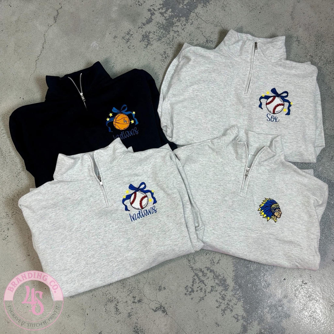 Ash quarter zip with baseball and Indians on white background