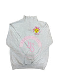 Ash Quarter zip with softball and bow with stella on white background
