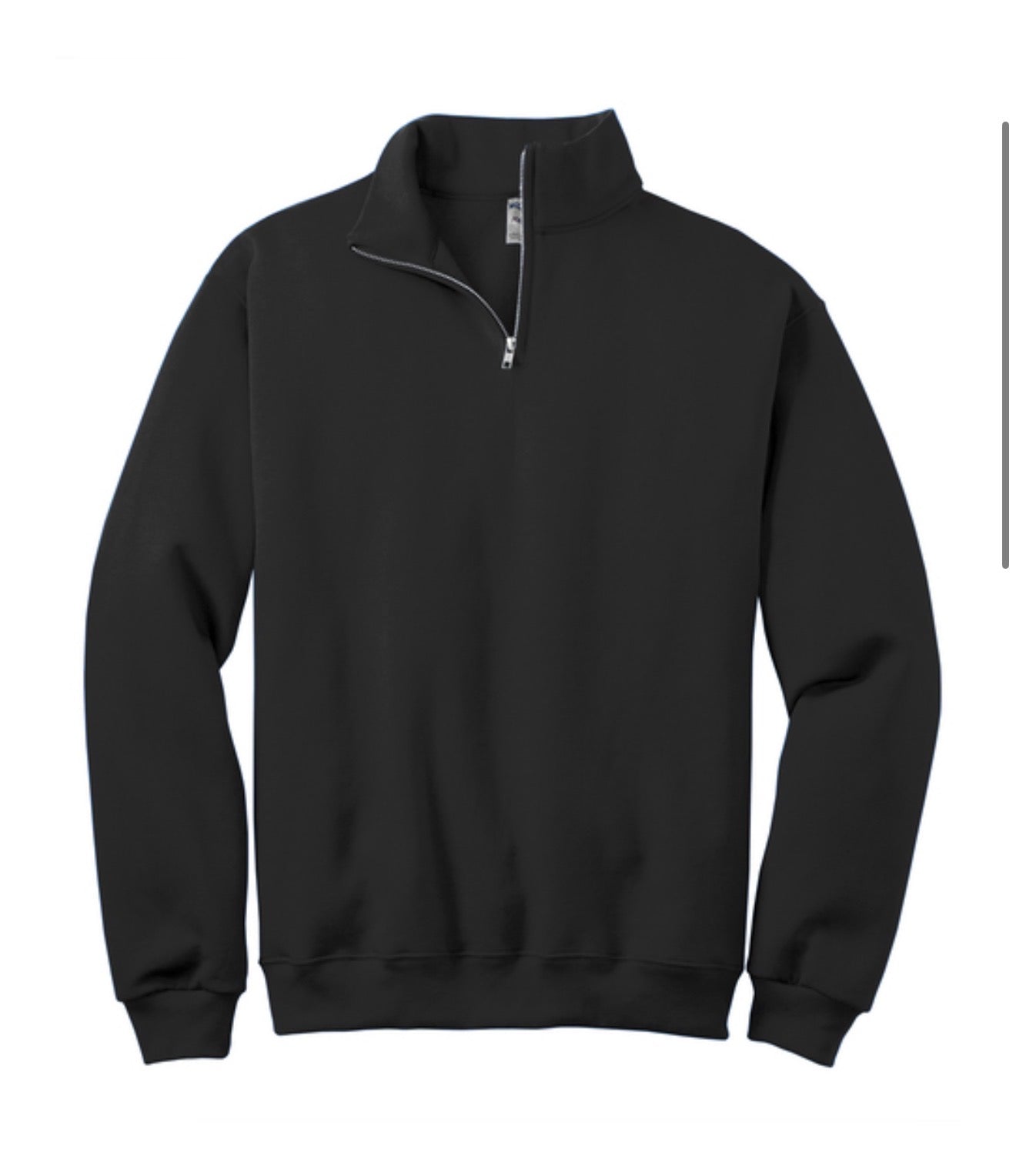 Black quarter-zip sweatshirt on a white background