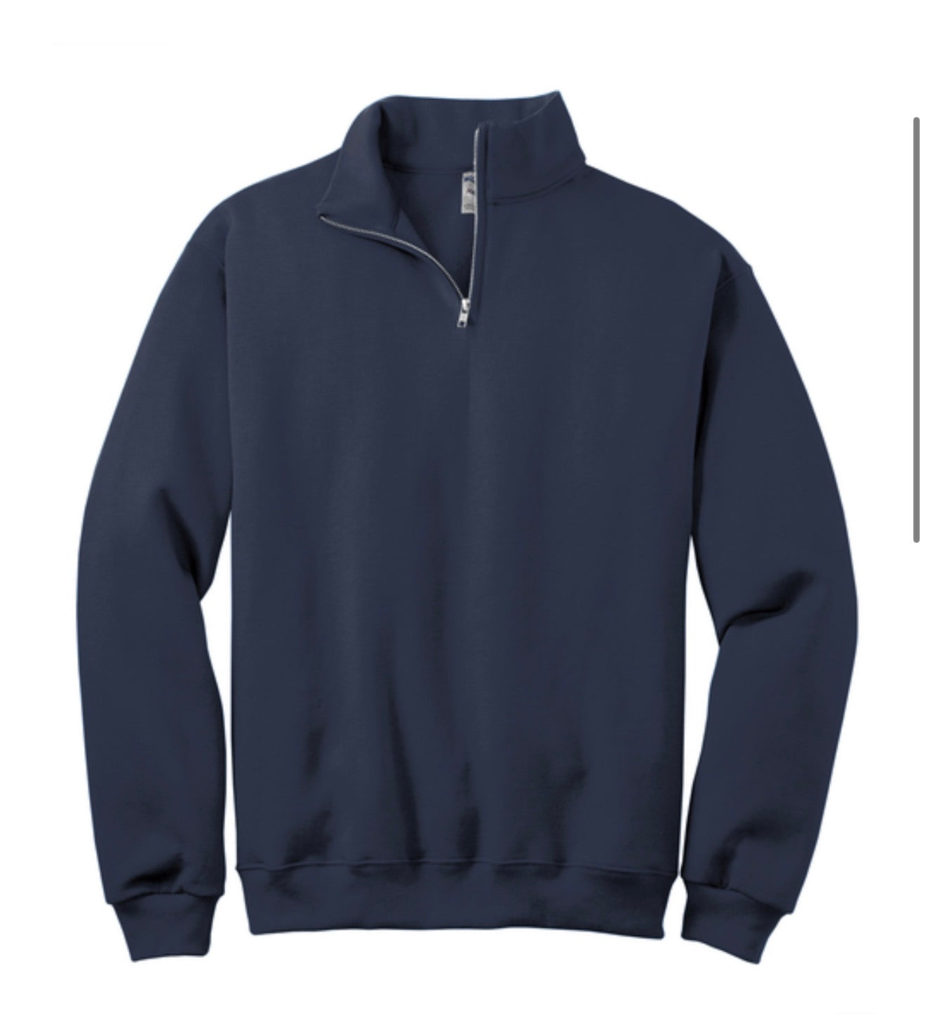 Navy blue quarter-zip sweatshirt on a white background