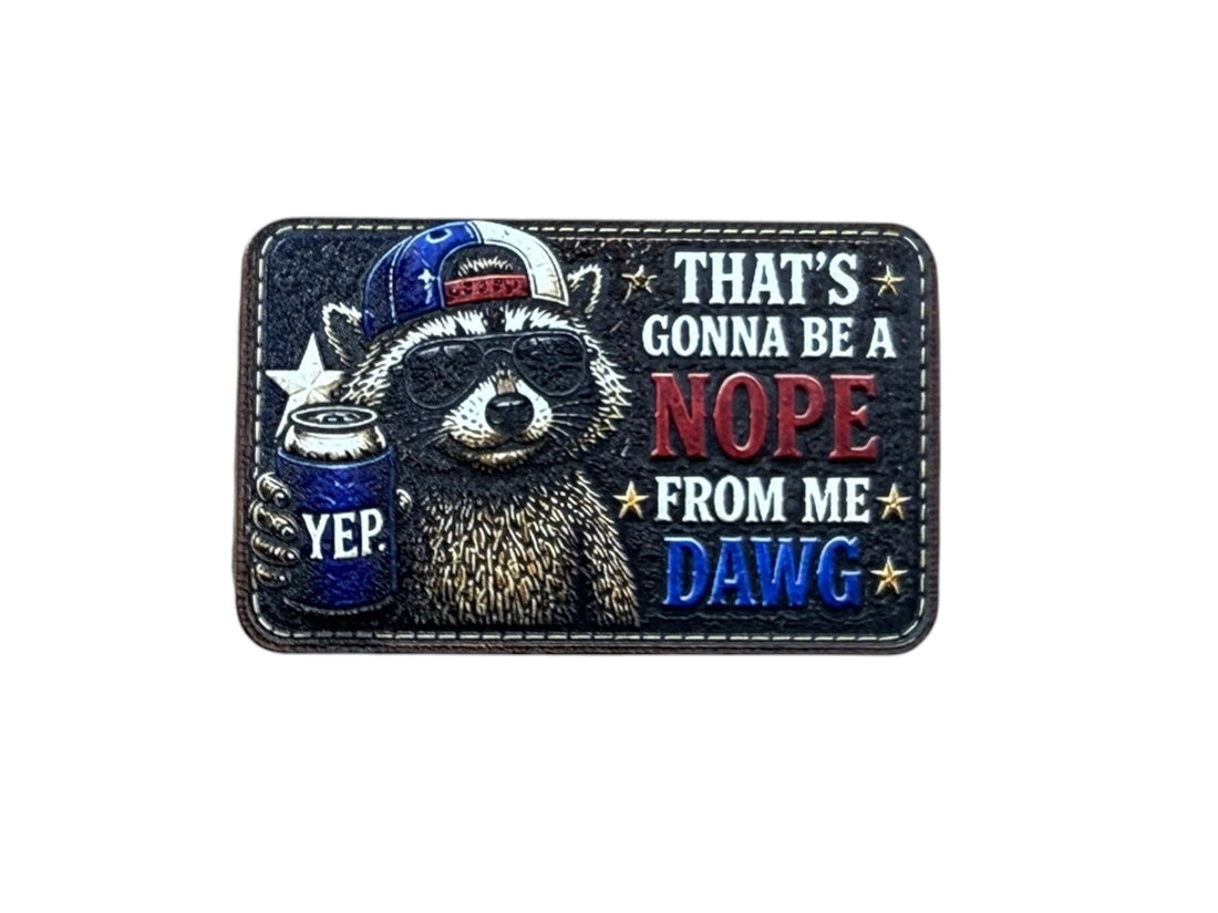 Collection of raccoon-themed patches with text on a gray surface, featuring the brand 'LFG'.
