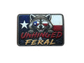 Patch with a raccoon wearing sunglasses, Texas flag, and text 'Unhinged & Feral' on a white background