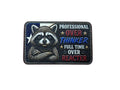 Patch with raccoon illustration and text on a white background