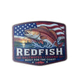 Redfish logo with American flag and fish illustration on a white background