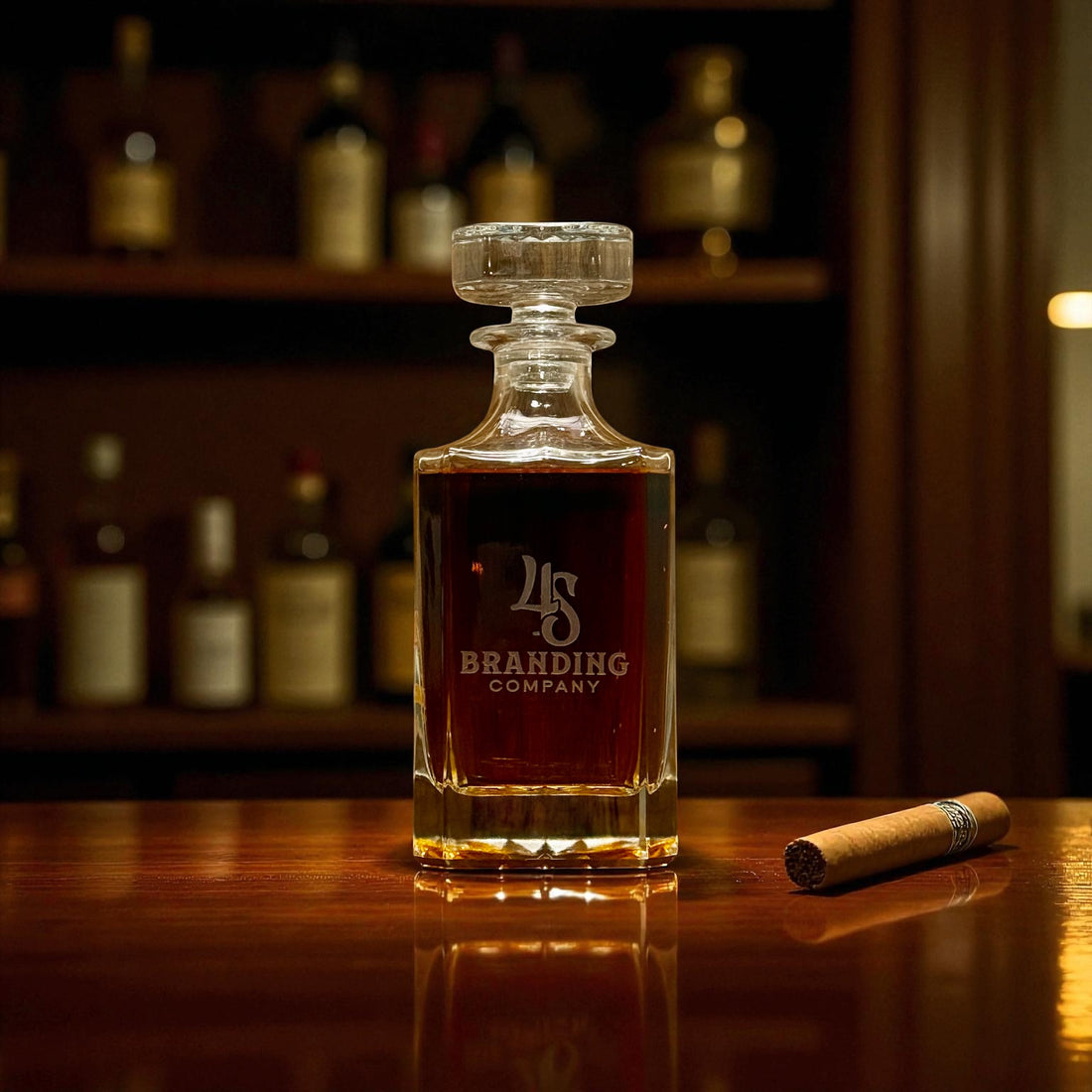 his personalized sand-carved whiskey decanter makes a timeless custom engraved gift for whiskey lovers and corporate clients alike