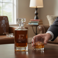 Decanter with split mongram and glass of whiskey on a table with a blurred background