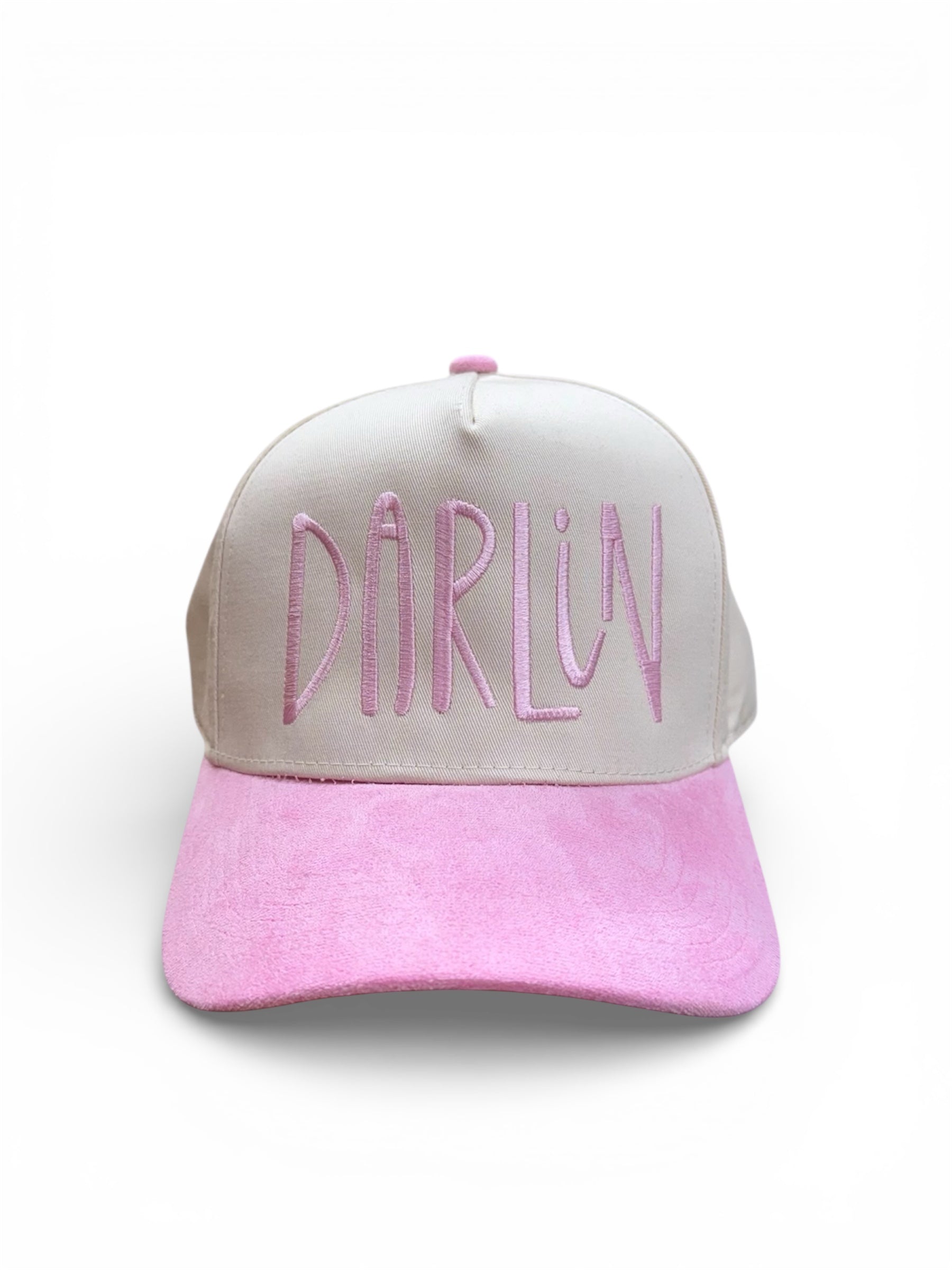 Cap with pink brim and 'Darlin' text on a white background