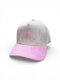 Tan and pink cap with 'Darlin' embroidery on a white background