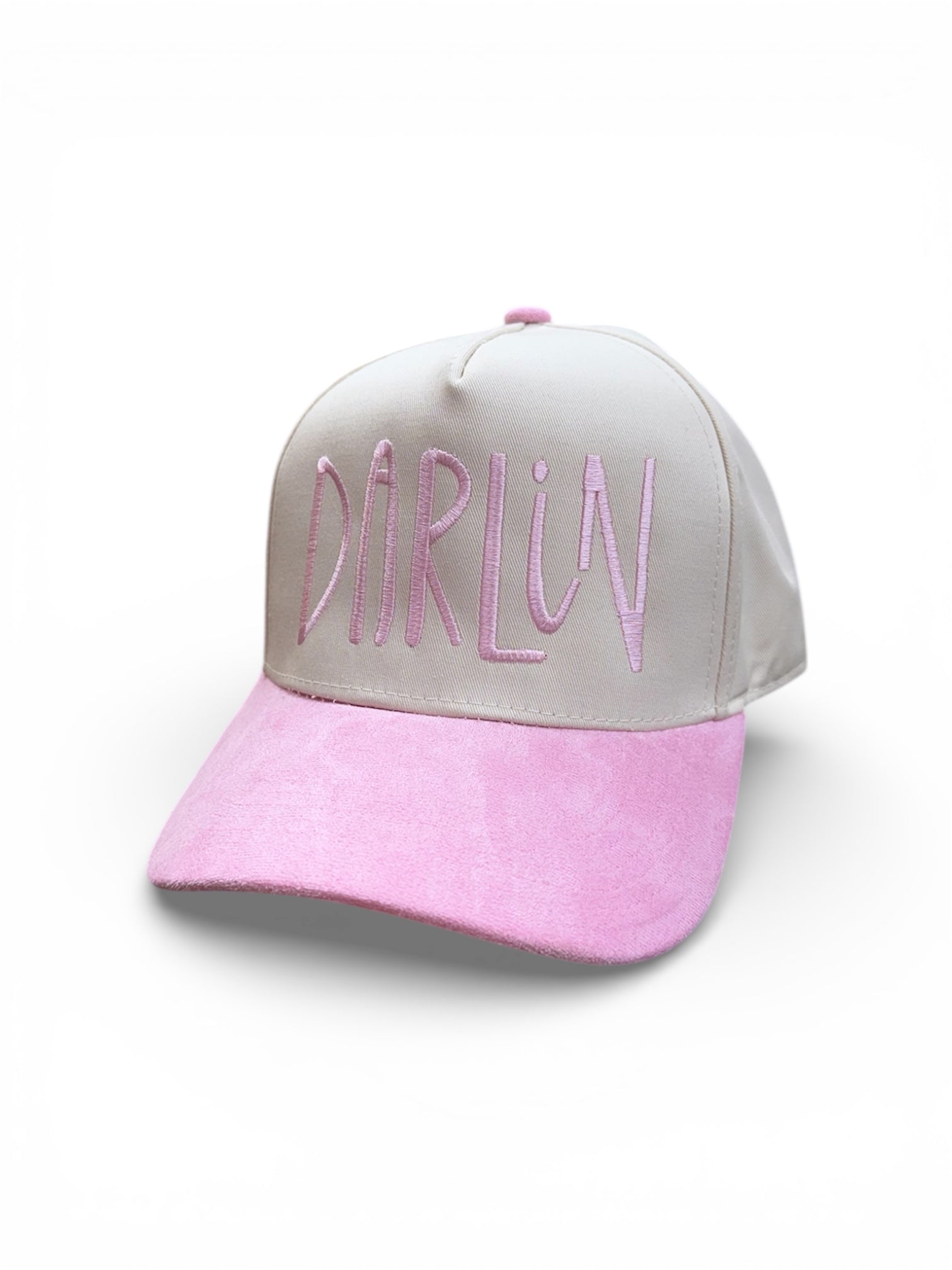 Tan and pink cap with 'Darlin' embroidery on a white background