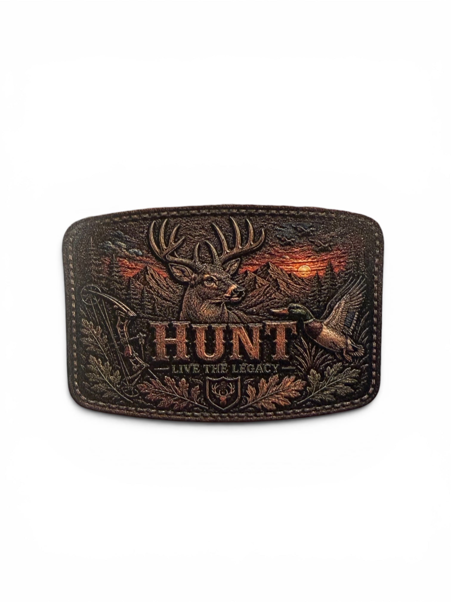 Decorative belt buckle with hunting theme and 'HUNT' text on a white background