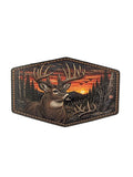 Hexagonal patch with a deer design against a sunset forest background