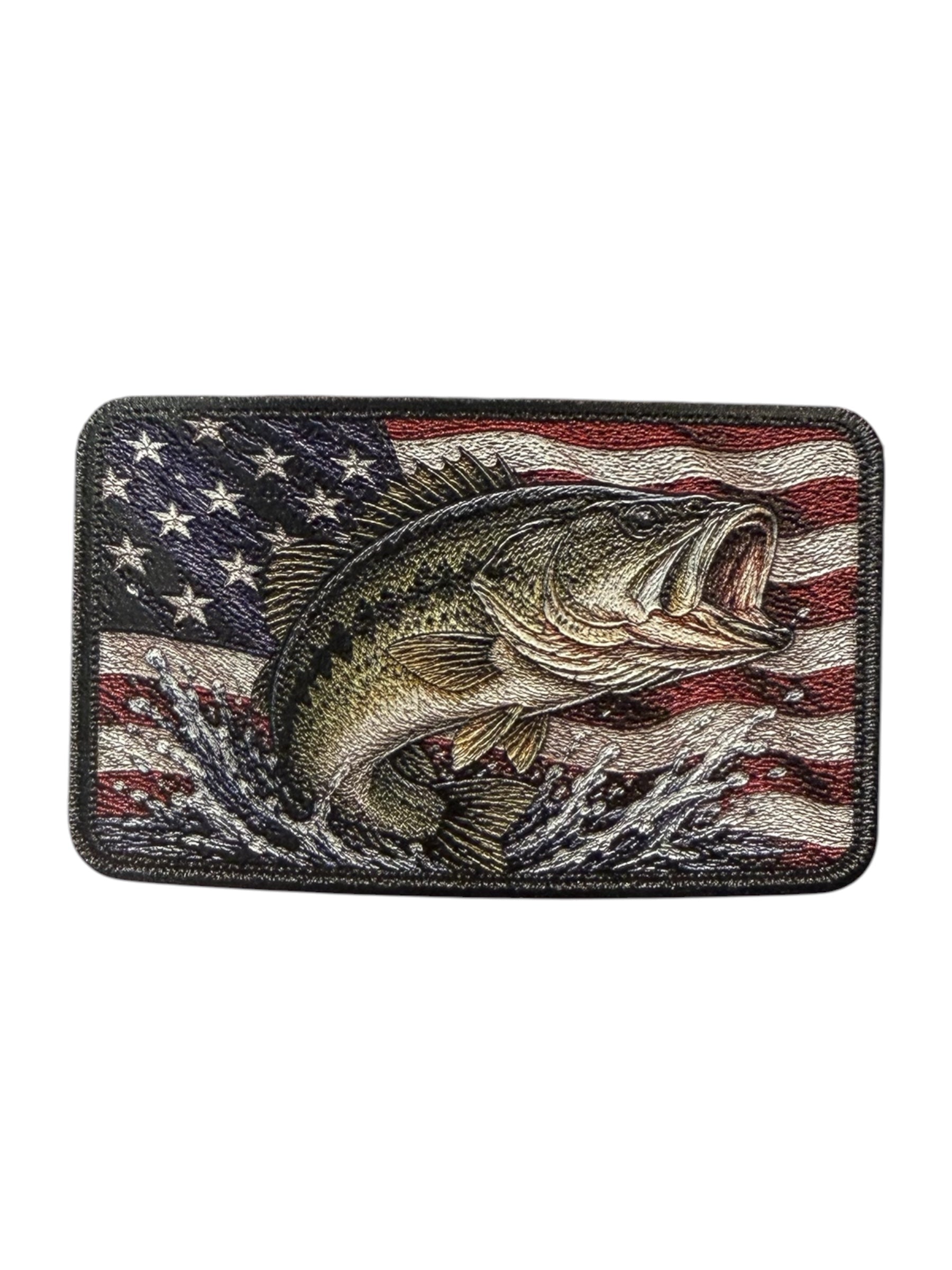 UV printed patch with a fish and American flag design on a white background