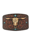 UV printed belt buckle with bull skull design and turquoise stones on a white background