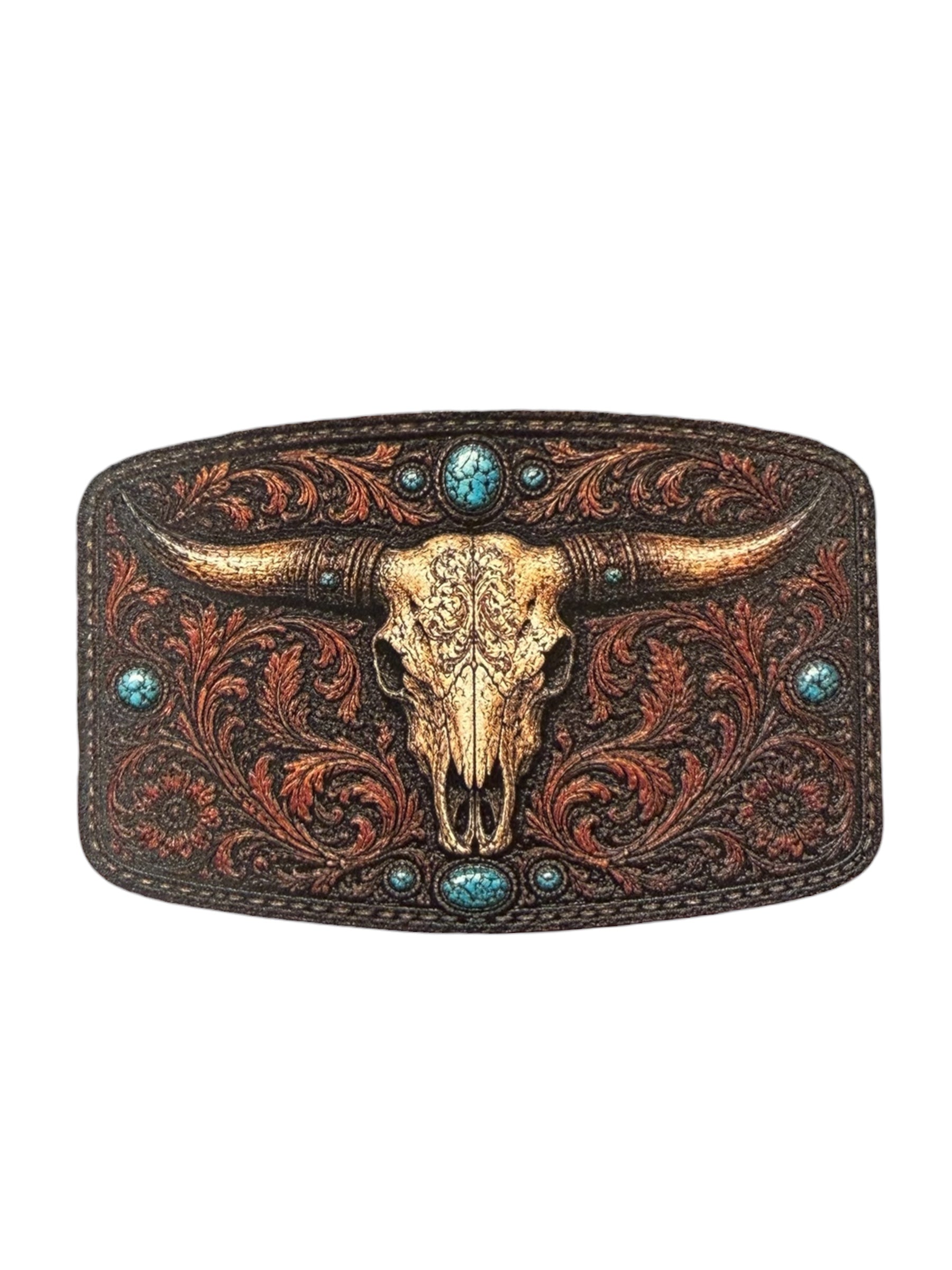 UV printed belt buckle with bull skull design and turquoise stones on a white background