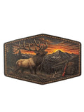 Hexagonal patch with an elk and mountain scene at sunset on a white background