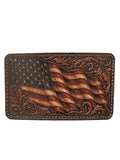Tooled UV printed leather belt buckle patch with American flag design on a white background