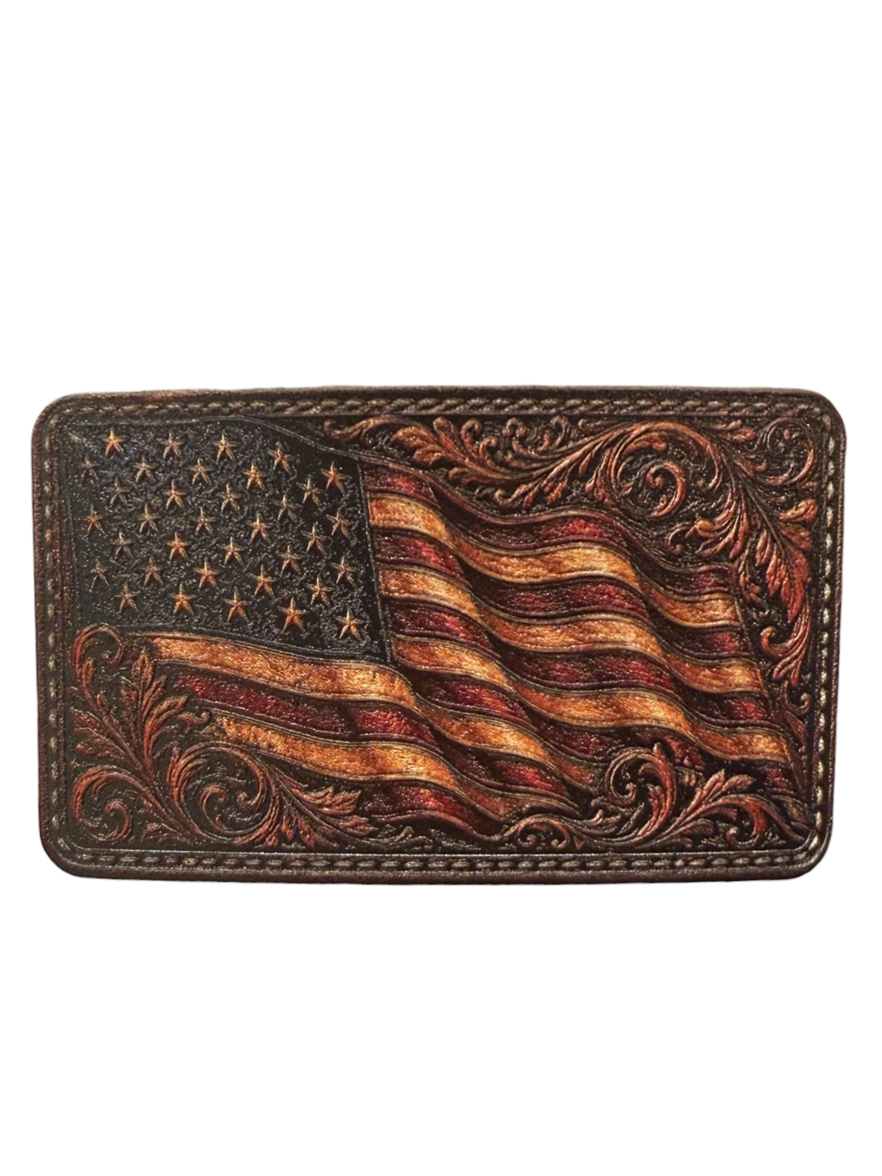 Tooled UV printed leather belt buckle patch with American flag design on a white background