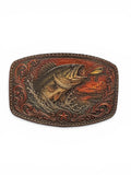 UV printed belt buckle patch with fish design on a white background