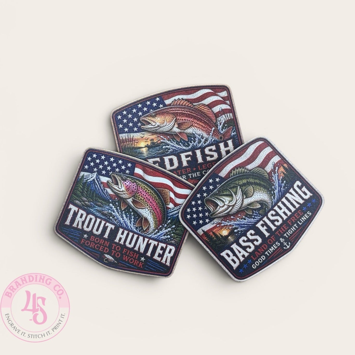 Three fishing-themed uv printed patches with American flag design on a white background